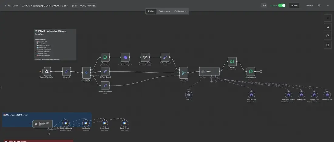 Workflow d'automatisation en production : l'agent IA WhatsApp JARVIS de JAIKIN, ses outils agenda et e-mail et sa mémoire